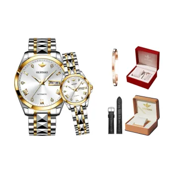 Oupinke Gaias Collection Watch Couple's 1 Pair Mechanical Movement Stainless Steel Watchband Watch Unisex White Dial