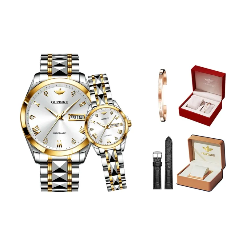 Oupinke Gaias Collection Watch Couple's 1 Pair Mechanical Movement Stainless Steel Watchband Watch Unisex White Dial-0