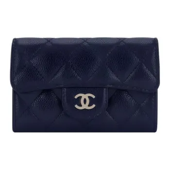 CHANEL Grain Cow Leather Card Holder Women's Marine Blue