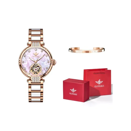 Oupinke AIR Born Collection Cut Out Mechanical Movement Stainless Steel Watchband Watch Women's Watch Pink Watch Dial