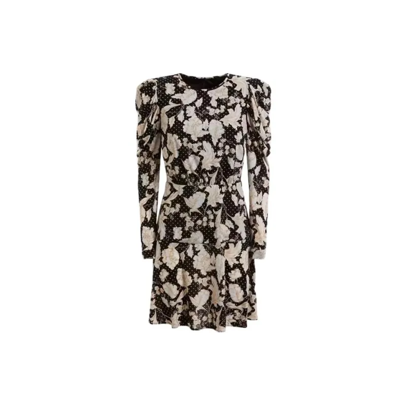 GUESS Long-Sleeved Dresses Women's Black Background Print-1