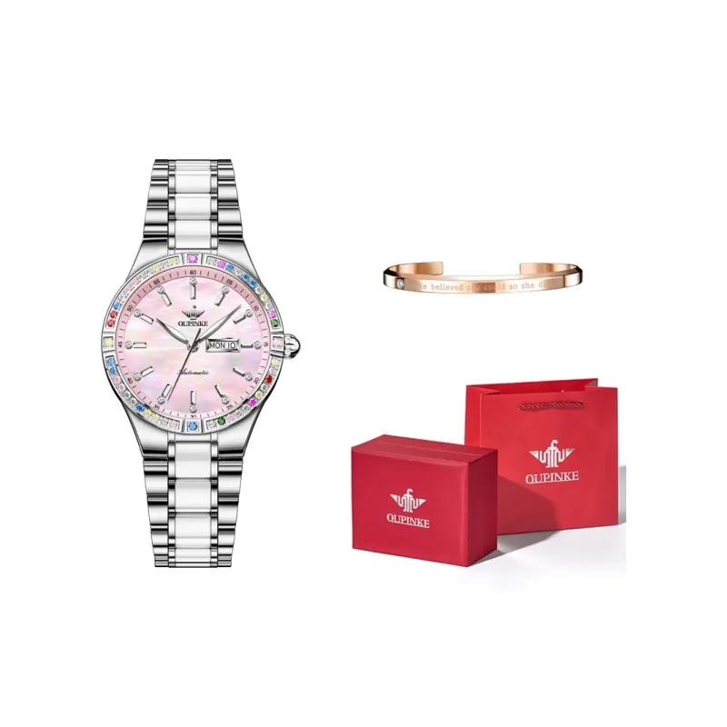 Oupinke Luxury Elegant Women's Watch Mechanical Movement Stainless Steel Watchband Watch Women's Watch White Dial-7