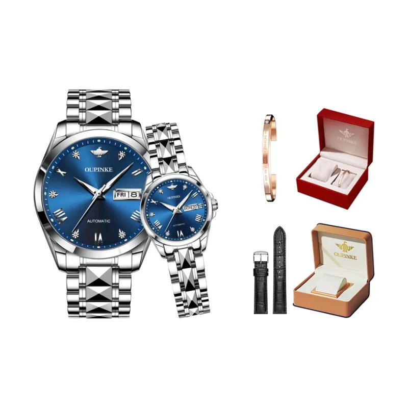 Oupinke Gaias Collection Watch Couple's 1 Pair Mechanical Movement Stainless Steel Watchband Watch Unisex White Dial-30