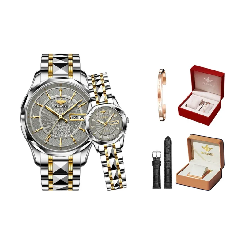Oupinke Watch Couple's 1 Pair Mechanical Movement Stainless Steel Watchband Watch Unisex White Dial-5