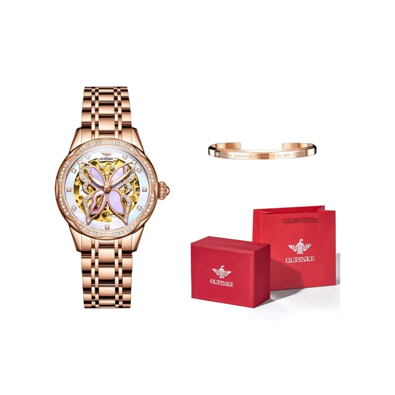 Oupinke AIR-BORN Collection Ceramic Rhinestone-Embellished Mechanical Movement Watch Women's Watch White Dial-6