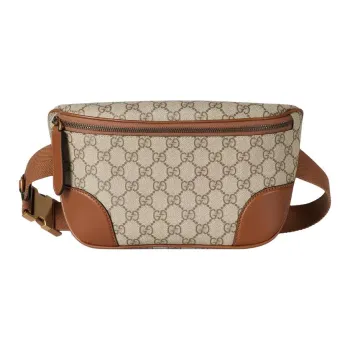 GUCCI Leather Trim Fanny Pack Medium Size Men's Beige & Dark Brown
