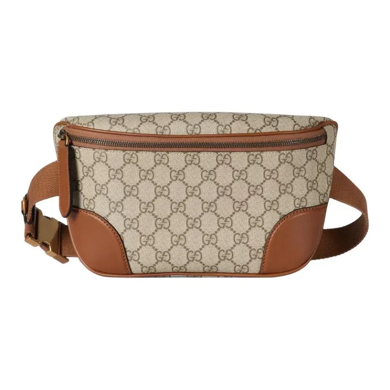 GUCCI Leather Trim Fanny Pack Medium Size Men's Beige & Dark Brown-0