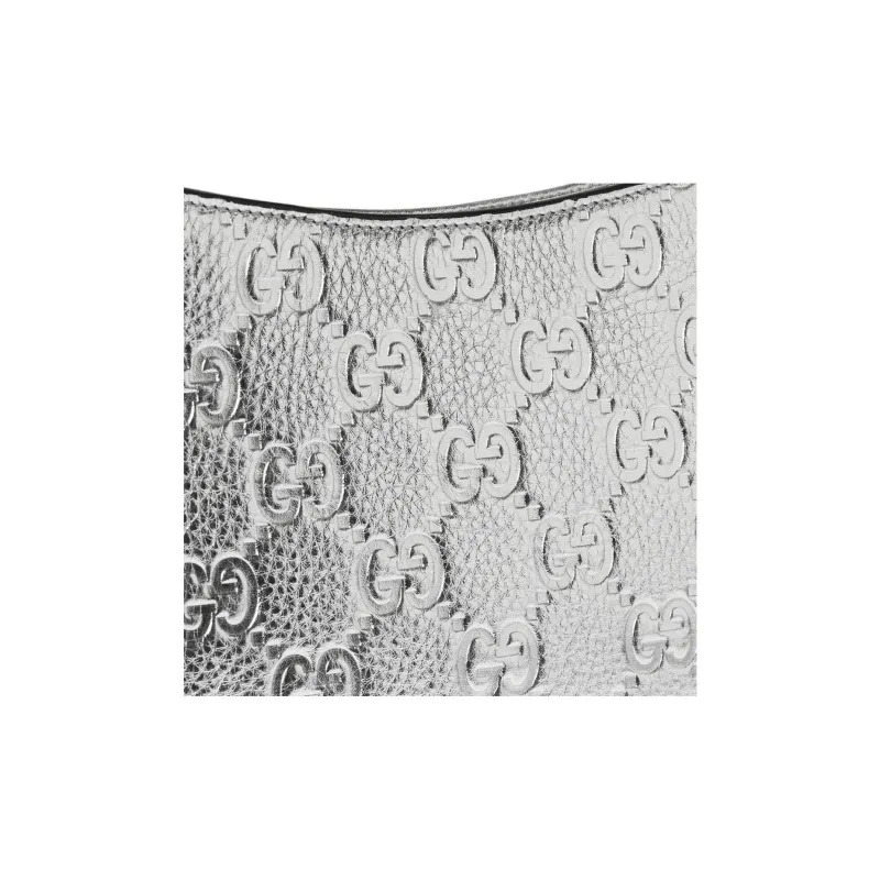 GUCCI GG Emblem Grain Leather Crossbody Bag, Shoulder Bag Small Size Women's Silver-6