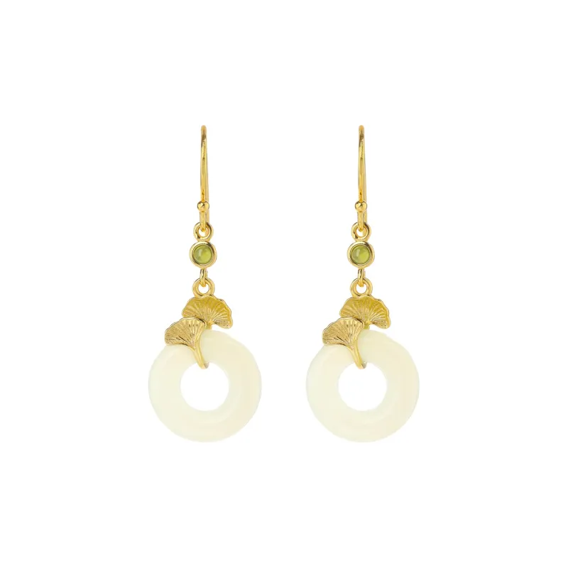 Heng Tai Jewelry Hetian Jade Earrings Pale Greenish White Jade Women's-0