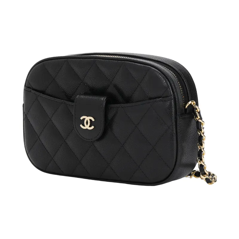 CHANEL Grain Embossed Shiny Calfskin With Gold Metal Crossbody Bags Women's Black-1