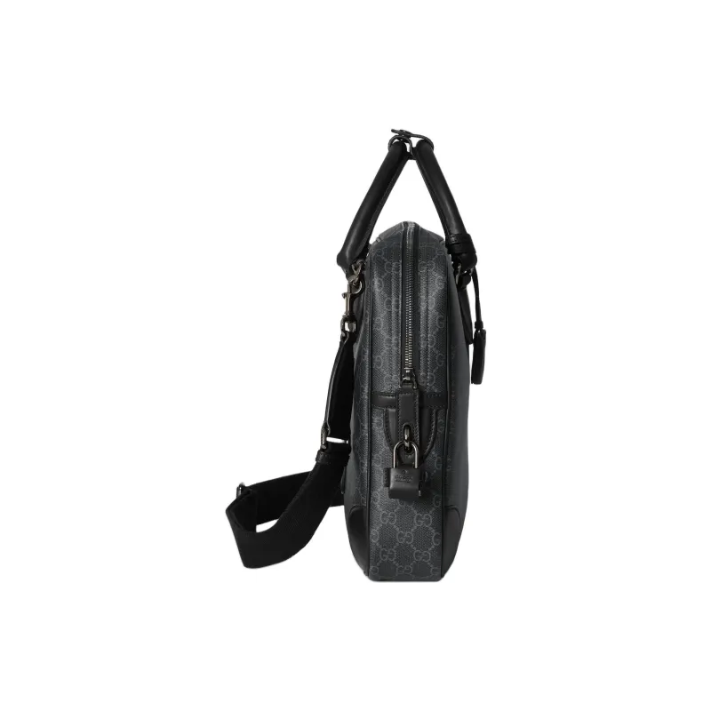 GUCCI Coated Material With Leather Trim One Shoulder Crossbody Portable Briefcases Medium Size Men's Black-3