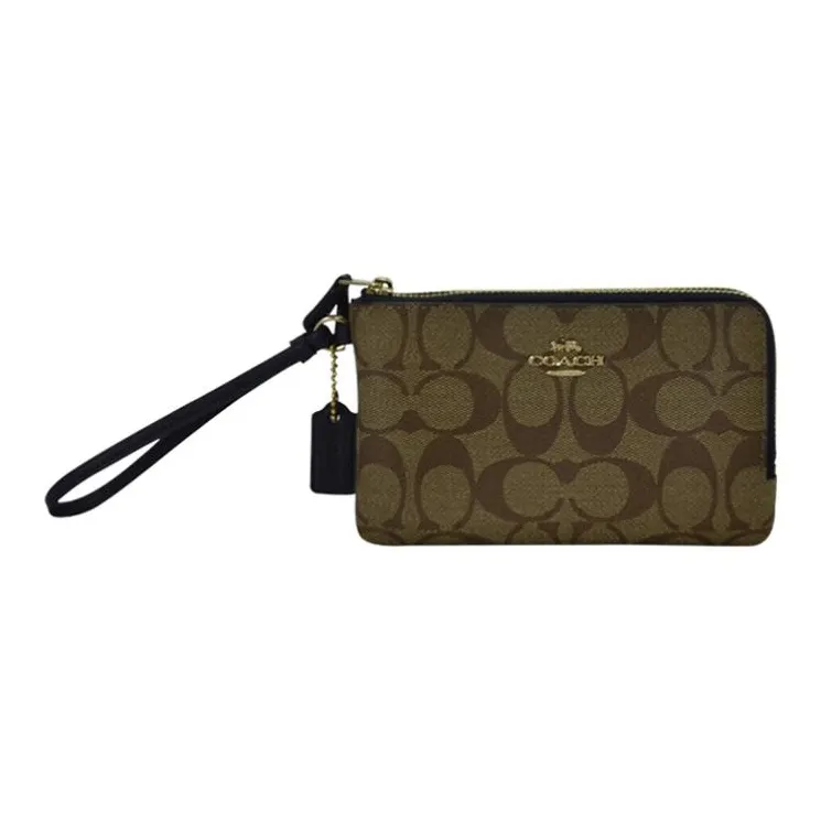 COACH Corner Zip Double-Layer Monogram Canvas With Leather Wrist Bag Mahjong Bag Clutch Women's Dark Khaki-0