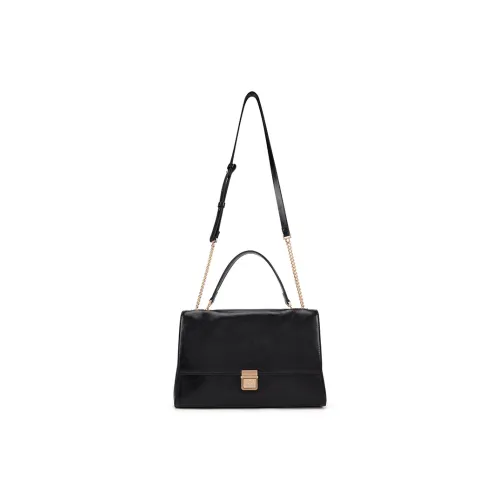 ELLE Oil Wax Cow Leather One Shoulder Portable Crossbody Flap Bag Women's Black/Tea Brown