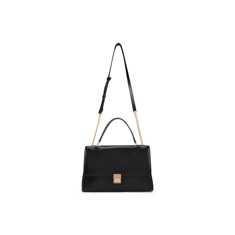 ELLE Oil Wax Cow Leather One Shoulder Portable Crossbody Flap Bag Women's Black/Tea Brown-0