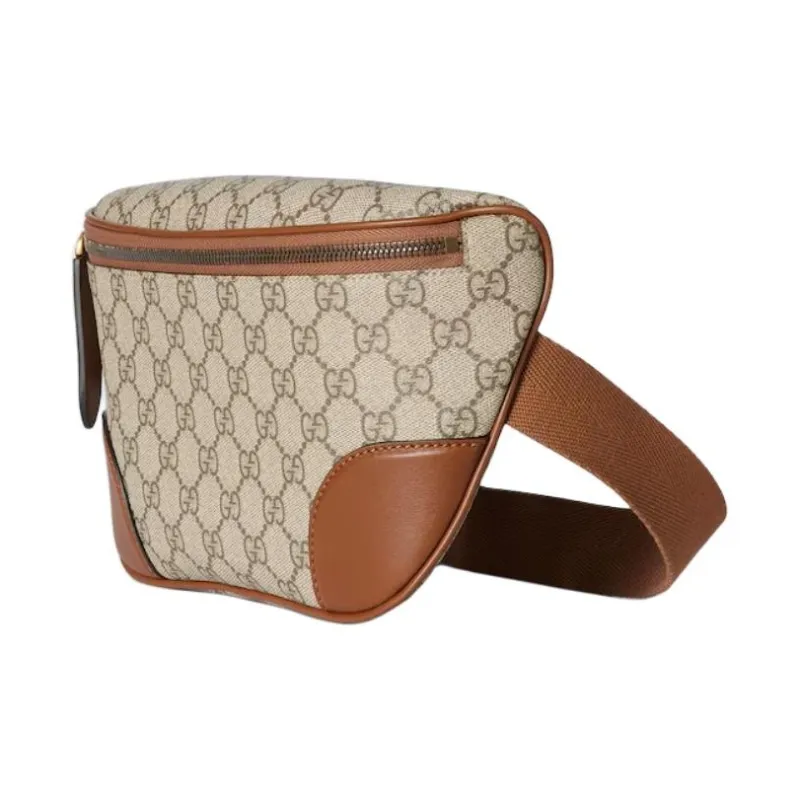GUCCI Leather Trim Fanny Pack Medium Size Men's Beige & Dark Brown-1