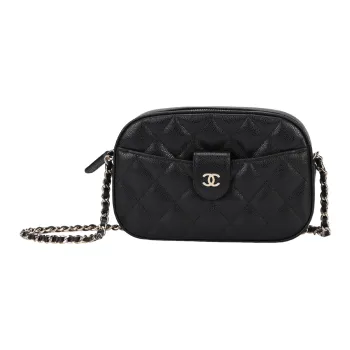 CHANEL Grain Embossed Shiny Calfskin With Gold Metal Shoulder Bag, Crossbody Bag Women's Black