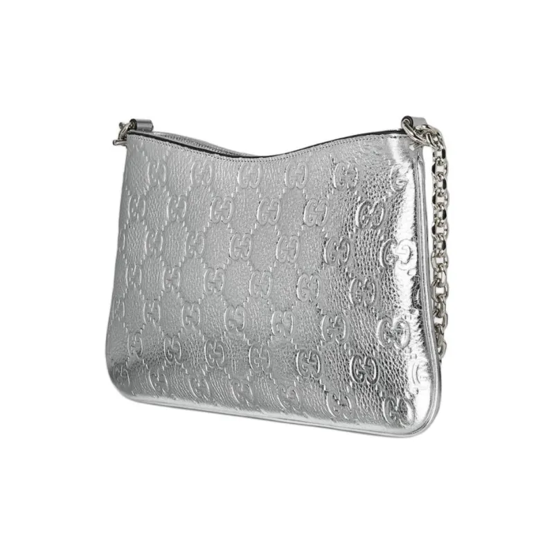 GUCCI GG Emblem Grain Leather Crossbody Bag, Shoulder Bag Small Size Women's Silver-1