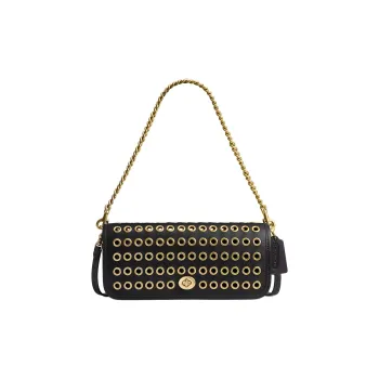 COACH Dinky Tanned Leather Shoulder Bag Medium Size Women's Black