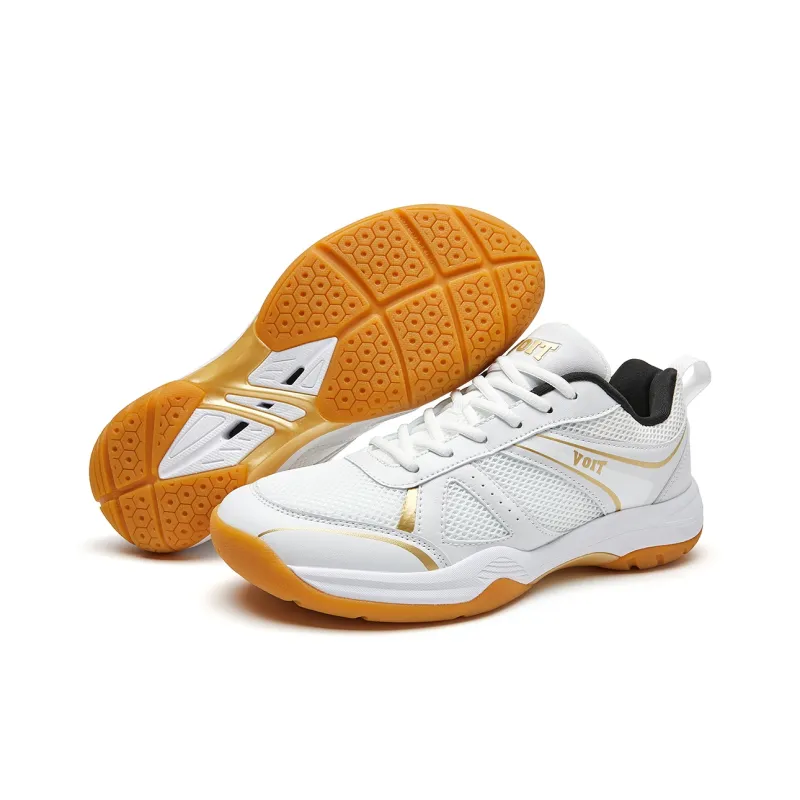 VOIT Abrasion Resistant Coverage Lightweight Low Top Badminton Shoes Unisex White Gold-4