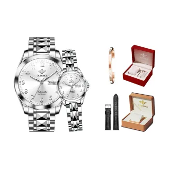 Oupinke Watch Couple's 1 Pair Mechanical Movement Stainless Steel Watchband Watch Unisex White Dial