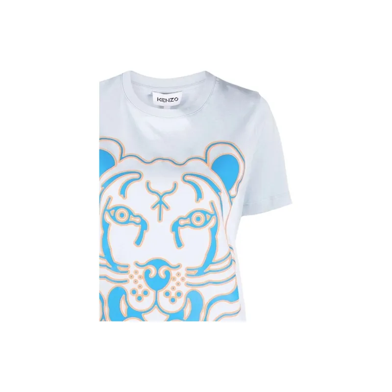 KENZO Neon Tiger Print Pullover Short Sleeved T Shirt Women's White Blue-3