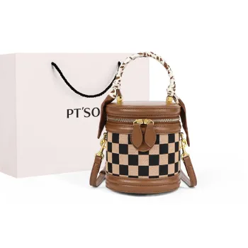 PT'SON Canvas With Synthetic Leather Canvas Bag, Shoulder Bag, Crossbody Bag Regular Women's Square Brown
