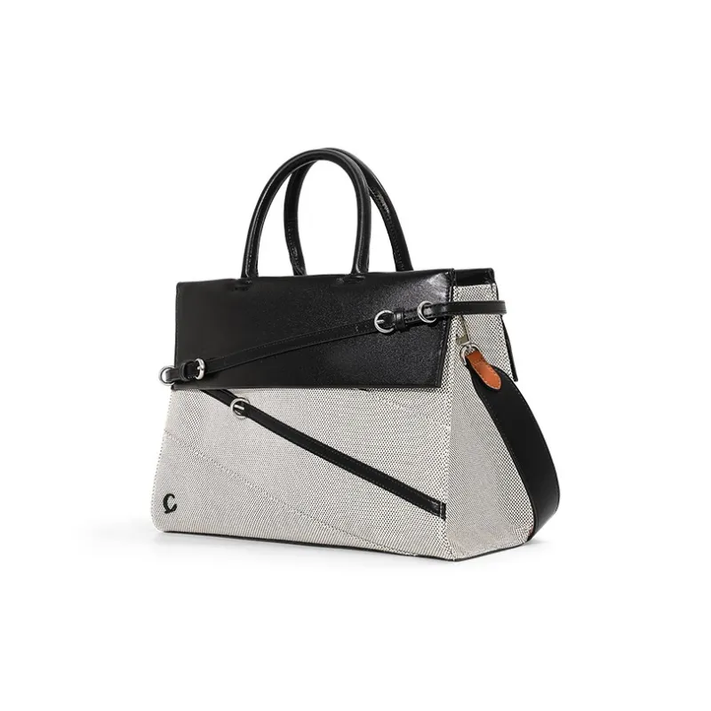 COWEC YCAKI Fabric Buckle Detail Tote Niche Design Shoulder Bag Handbag Tubas Women's Beige White & Black-1