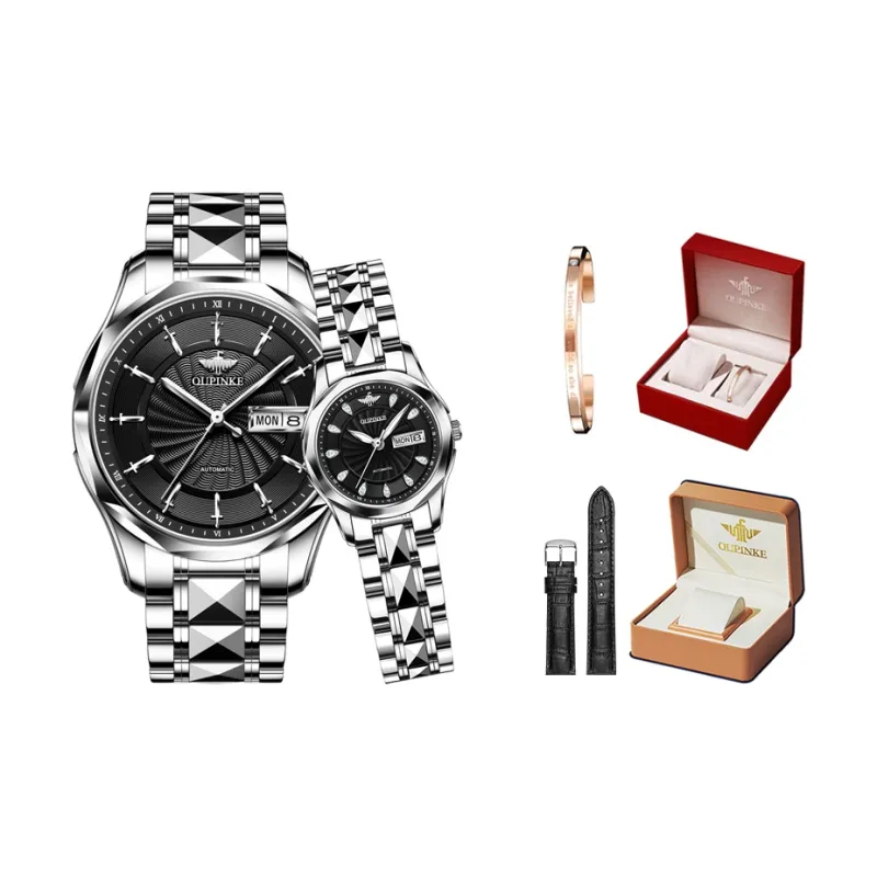 Oupinke Watch Couple's 1 Pair Mechanical Movement Stainless Steel Watchband Watch Unisex White Dial-14
