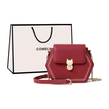 COMELY Cow Leather Patchwork Synthetic Leather Shoulder Bag Crossbody Bag Chain Pack Small Size Women's Agate Red