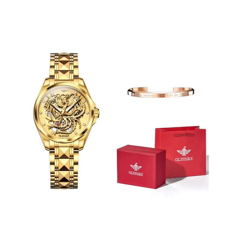 Oupinke Mechanical Movement Stainless Steel Watchband Watch Women's Watch Gold Dial-7