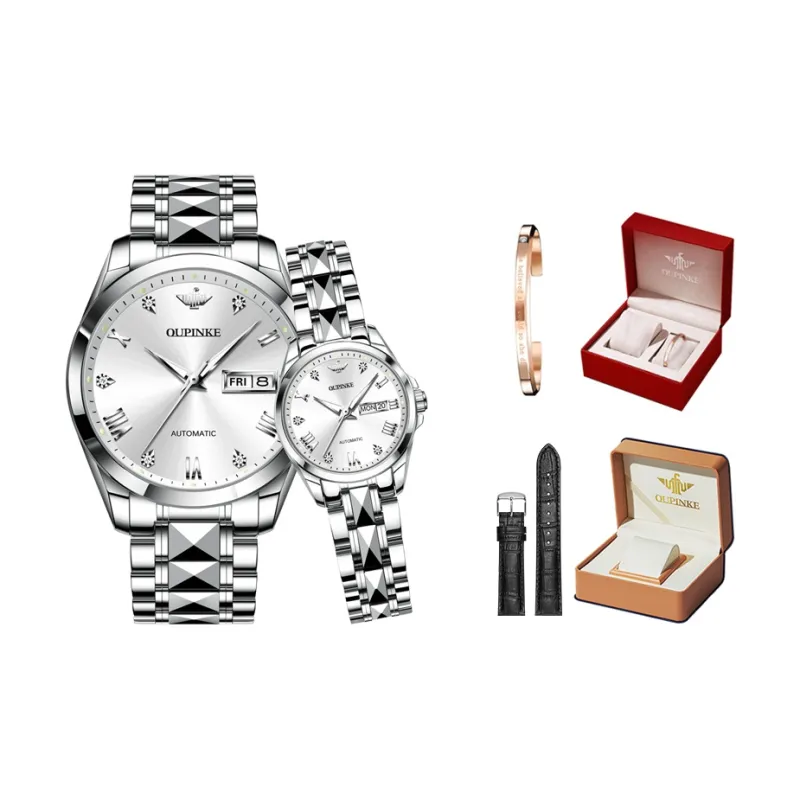 Oupinke Gaias Collection Watch Couple's 1 Pair Mechanical Movement Stainless Steel Watchband Watch Unisex White Dial-20