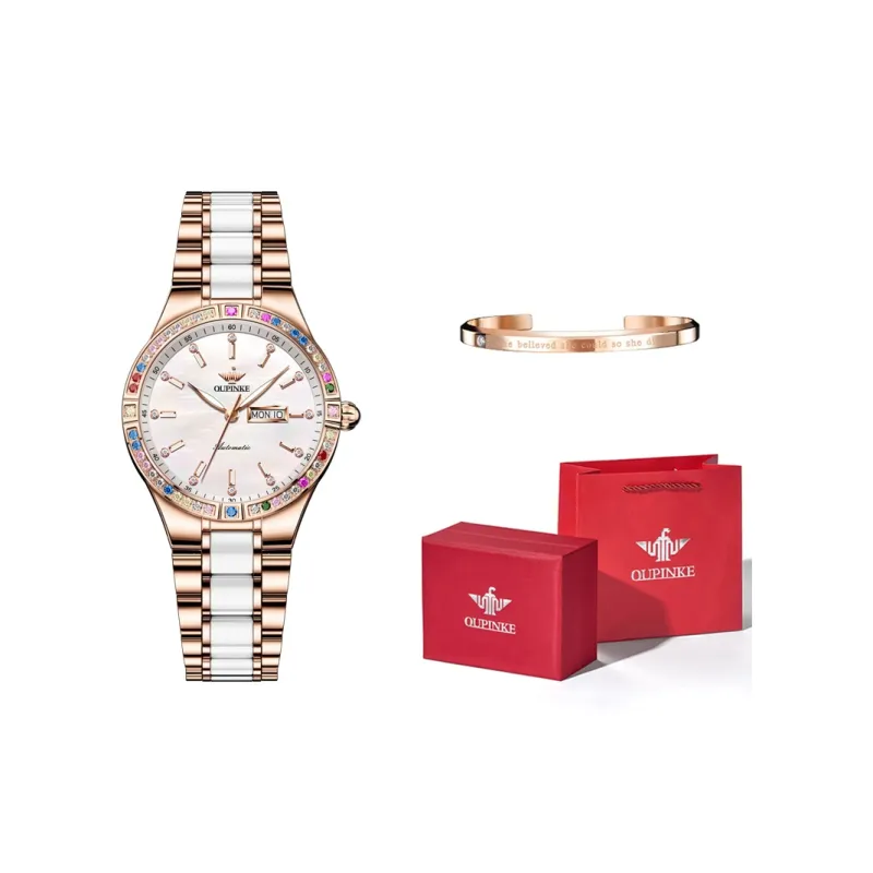Oupinke Luxury Elegant Women's Watch Mechanical Movement Stainless Steel Watchband Watch Women's Watch White Dial-19
