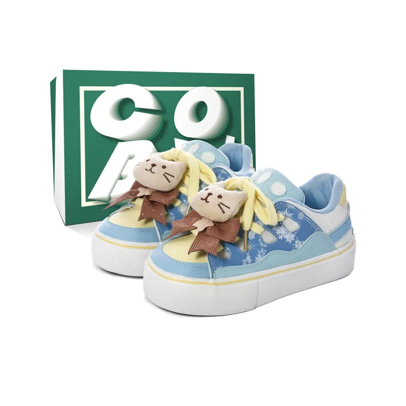 Cob Wear-resistant And Lightweight Low-Top Skateboard Shoes Women's Blue Yellow White-0
