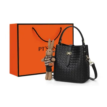 PT'SON Cow Leather Bucket Bag, Shoulder Bag, Crossbody Bag, Handbag Regular Women's Black
