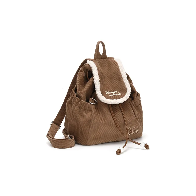 Disney Winnie The Pooh Series Corduroy Backpack Medium Size Women's Brown-3