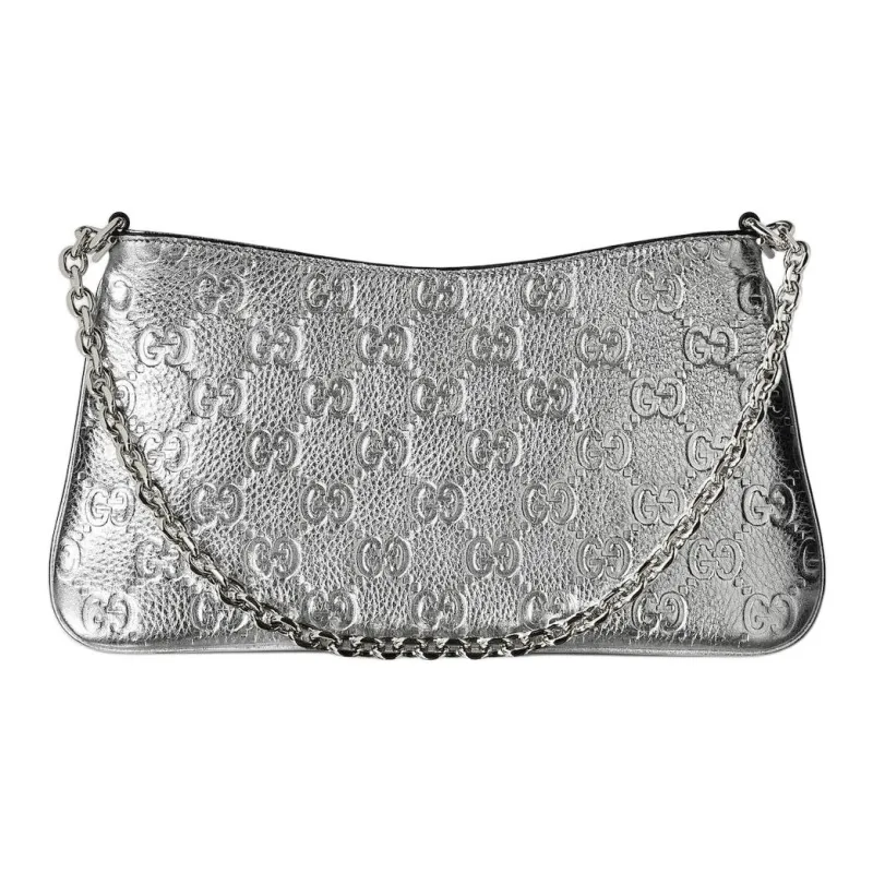 GUCCI GG Emblem Grain Leather Crossbody Bag, Shoulder Bag Small Size Women's Silver-3
