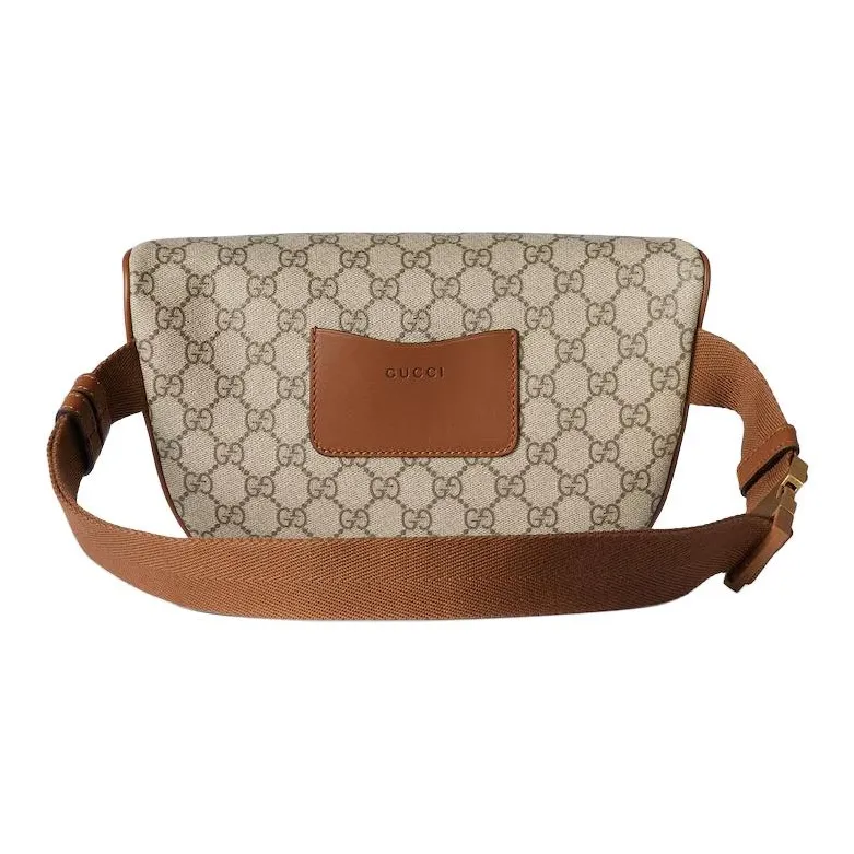 GUCCI Leather Trim Fanny Pack Medium Size Men's Beige & Dark Brown-3