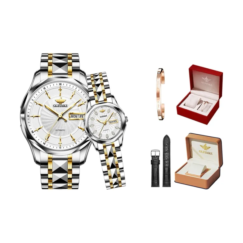 Oupinke Watch Couple's 1 Pair Mechanical Movement Stainless Steel Watchband Watch Unisex White Dial-0