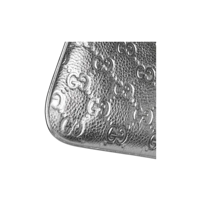GUCCI GG Emblem Grain Leather Crossbody Bag, Shoulder Bag Small Size Women's Silver-7