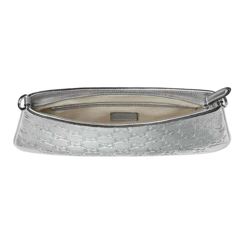 GUCCI GG Emblem Grain Leather Crossbody Bag, Shoulder Bag Small Size Women's Silver-5