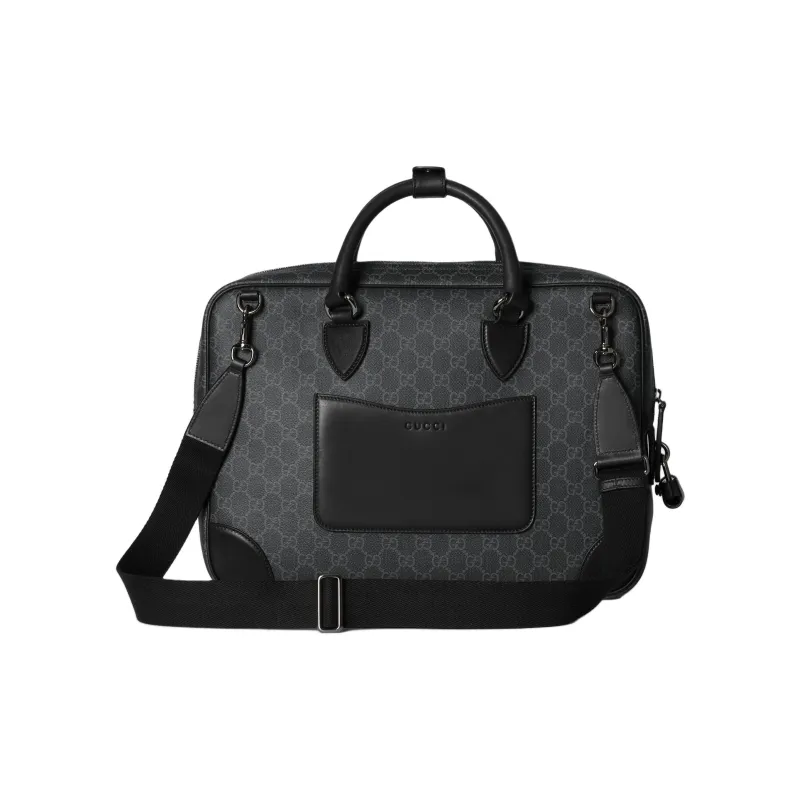 GUCCI Coated Material With Leather Trim One Shoulder Crossbody Portable Briefcases Medium Size Men's Black-4