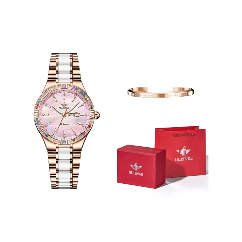 Oupinke Luxury Elegant Women's Watch Mechanical Movement Stainless Steel Watchband Watch Women's Watch White Dial-22