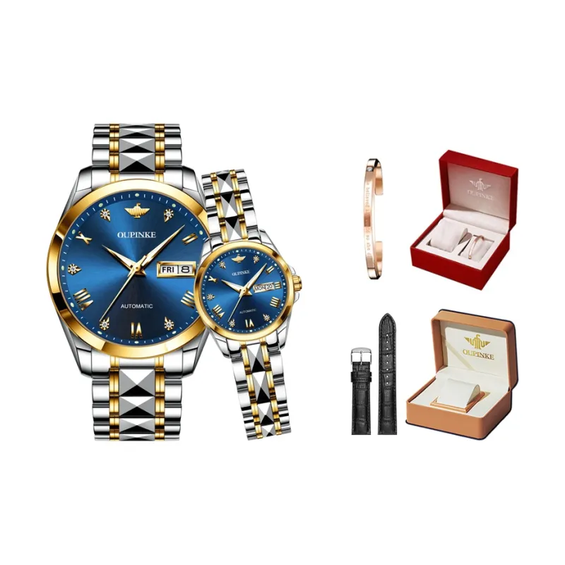 Oupinke Gaias Collection Watch Couple's 1 Pair Mechanical Movement Stainless Steel Watchband Watch Unisex White Dial-10
