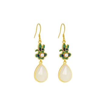 HENGTAIZHUBAO Hetian Jade Earrings Pale Greenish White Jade Women's