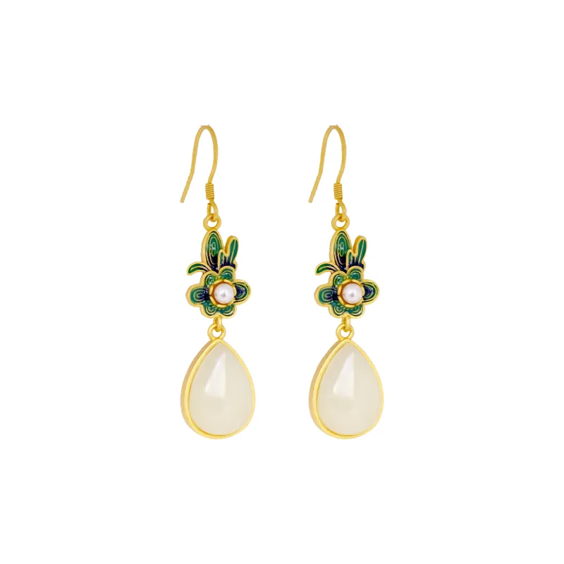 HENGTAIZHUBAO Hetian Jade Earrings Pale Greenish White Jade Women's-0