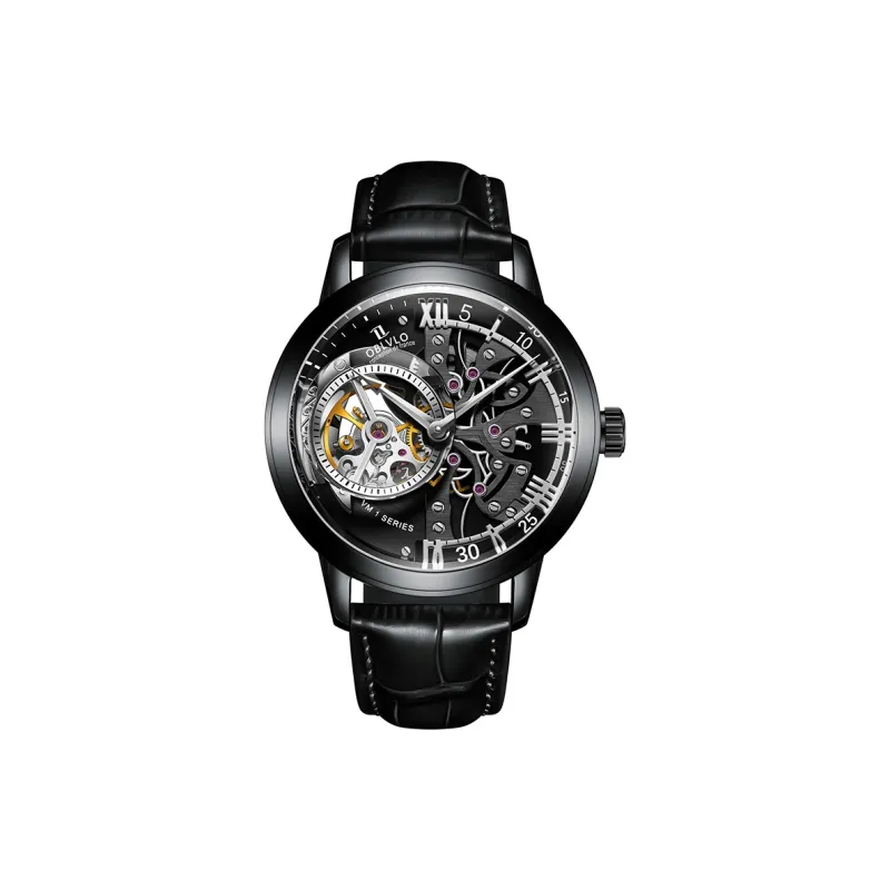 OBLVLO Automatic Mechanical Movement Genuine Leather Strap Watch Men's Watches Black Dial-37