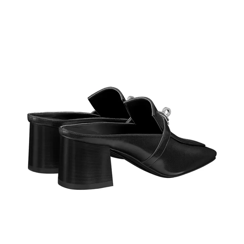 HERMES Block Heel Wrap-toe Slippers 6cm Women's Black-2