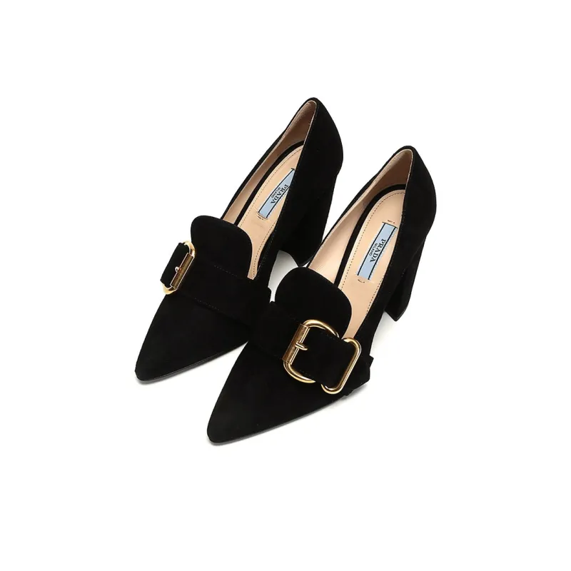 PRADA Fringed Buckle Suede Pointy Pumps 'Black' Women's-2