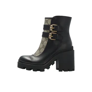 GUCCI Buckles Ankle Boots Black Beige Women's