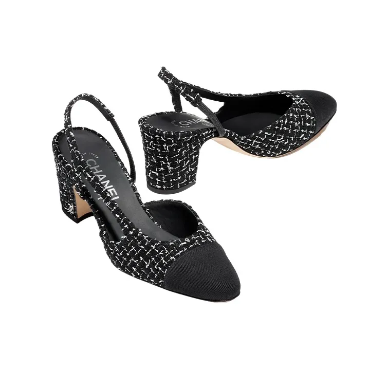 CHANEL Chunky Heel High Heels 6.5cm Women's Black White-1